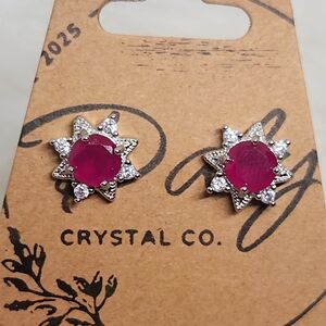 Narural Ruby Sunburst Stud Earrings . Sterling Silver Crystal Jewlery